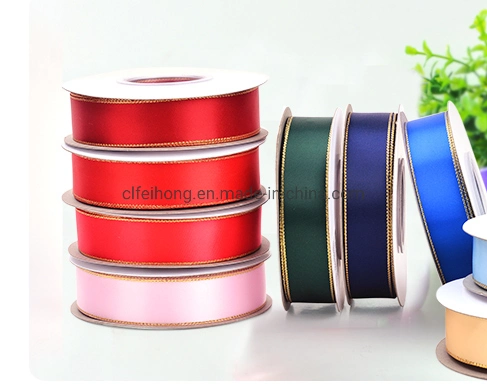 Luxury Popular How Sale Gold/ Silver Edge Satin Ribbon Grosgrain Ribbon Redblue White Coffee Black Color