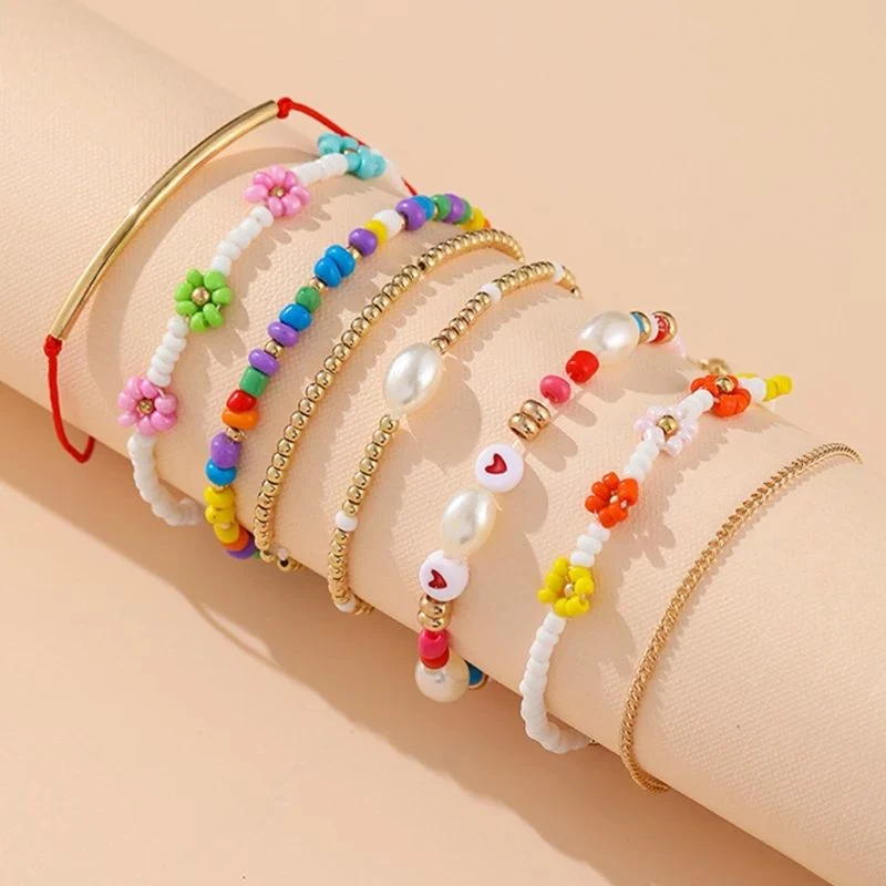 Couples Fashion Letters Pearl Flower Beads Bracelet Wristband Jewelry Gifts