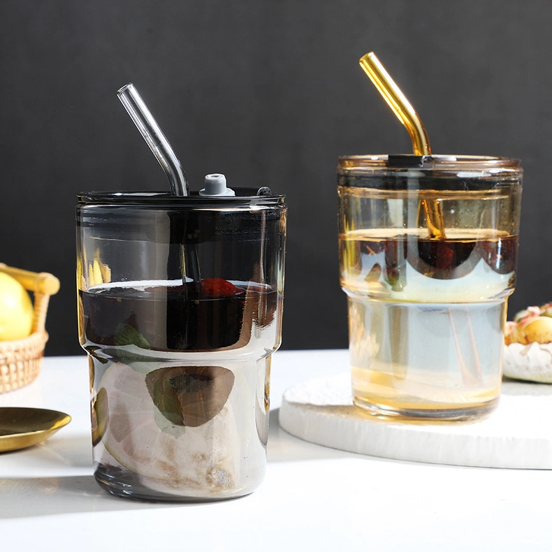 Portable Creative Glass Coffee Cups with Lid and Straw Glass Cup with Leather Sleeve