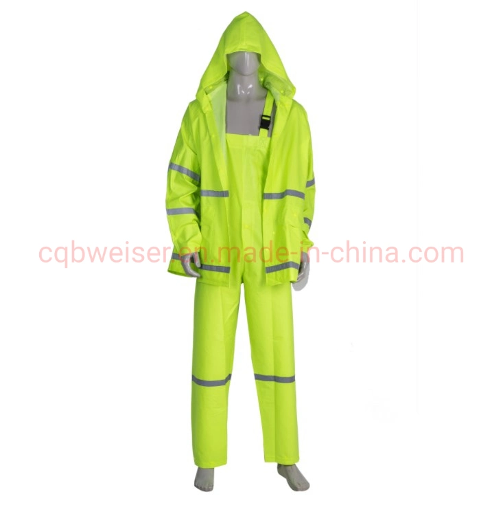 Verde fluorescente dos piezas resistentes al agua Rainwear reflectante adultos traje de lluvia