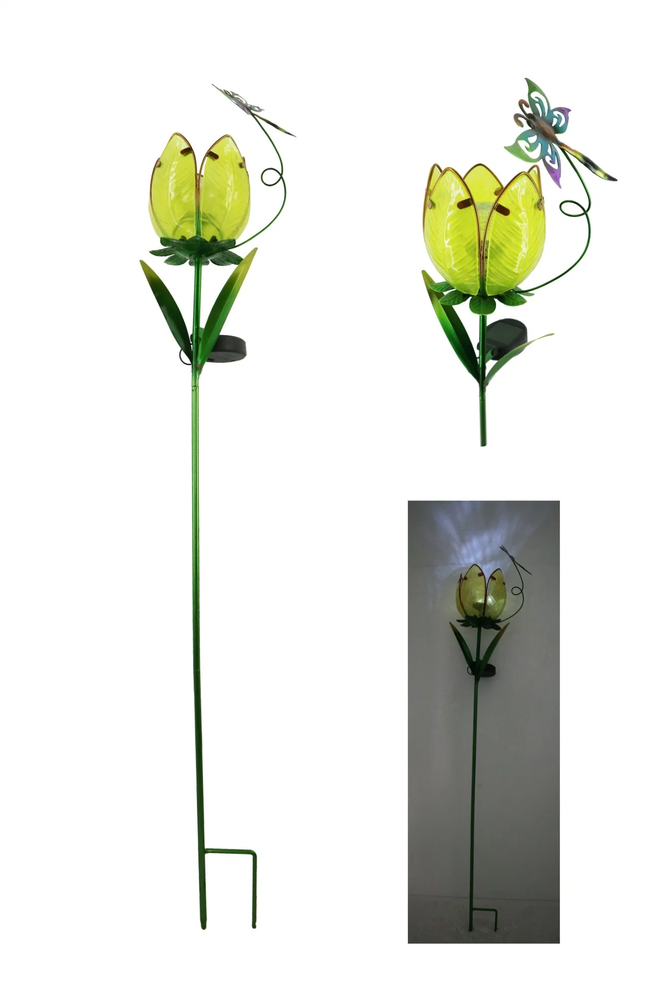 Metal Flower Garden Stake with Butterfly Honey Bird and Dragonfly with Waterproof Solar Light for Courtyard and Garden Decoration