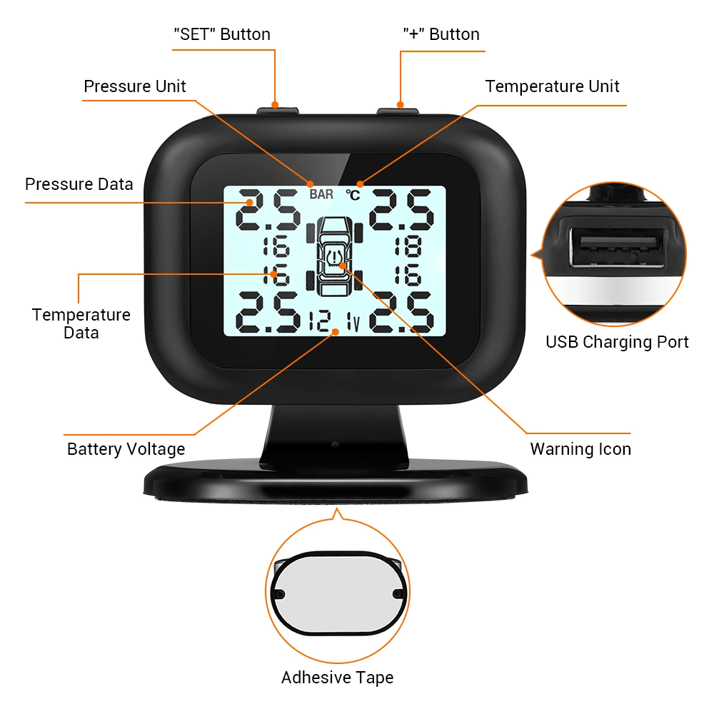 Sirena exterior inalámbrica o Bulit-en el sistema de monitorización de presión de neumáticos TPMS LCD con 4pcs sensores externos