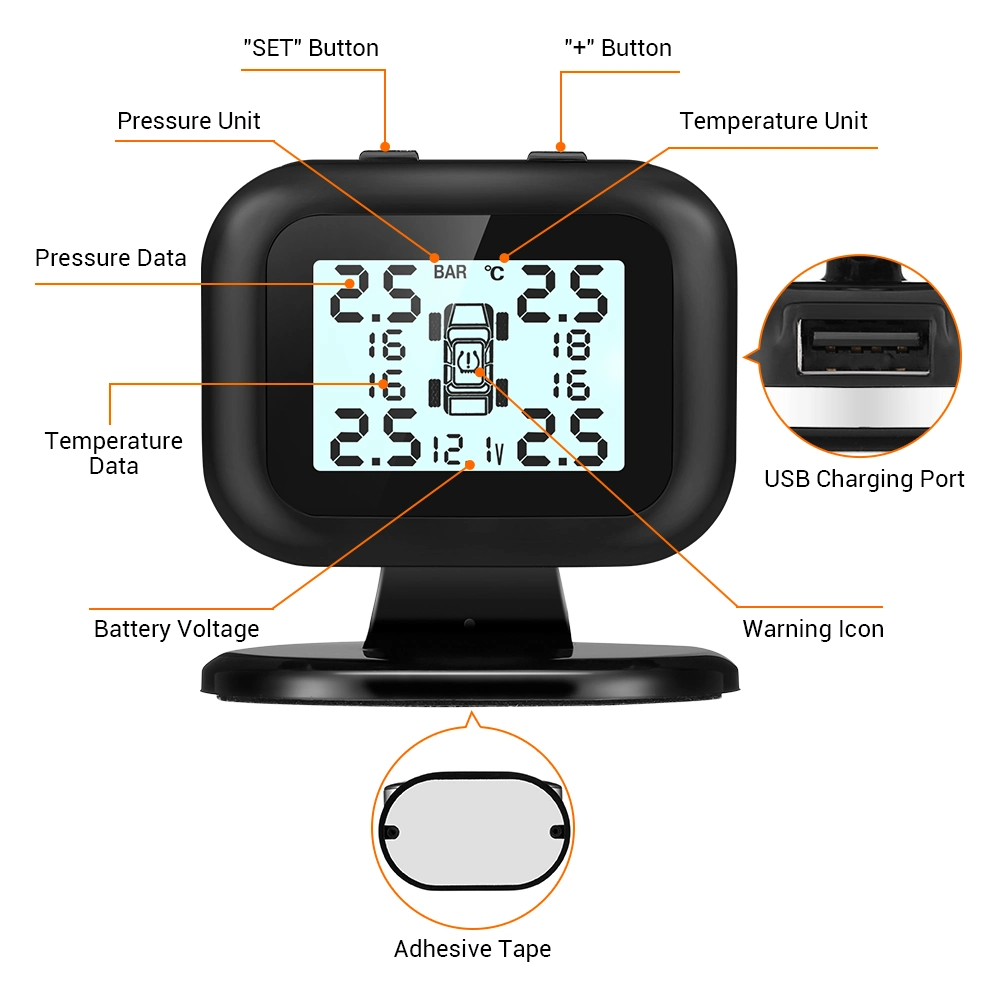 شاشة LCD لاسلكية خارجية أو شاشة LCD لنظام مراقبة ضغط الإطارات (TPMS) مع مستشعرات 4PCS الخارجية