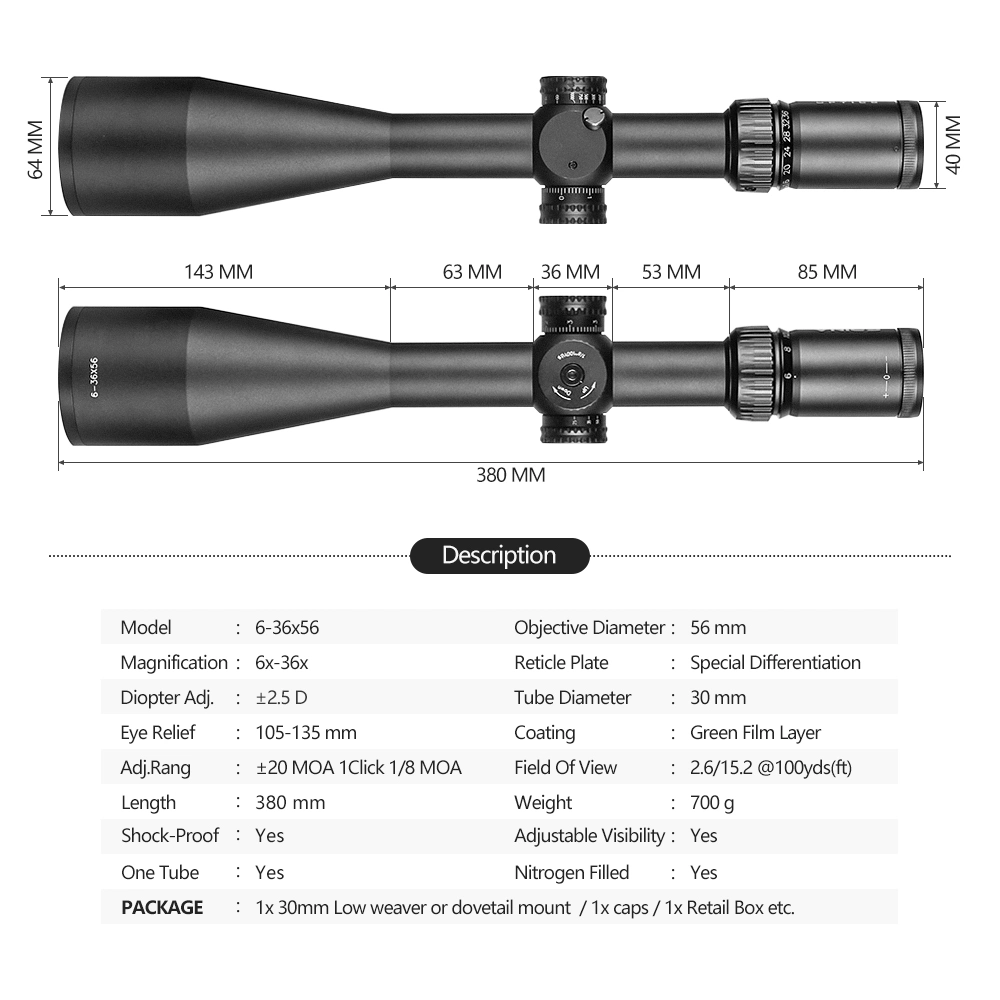 Sample Customization Spina Optics 6-36X56 Long Distance 38mm Sf Hunting Riflescope Sight Mighty Sight Scope for Outdoor Sports Training