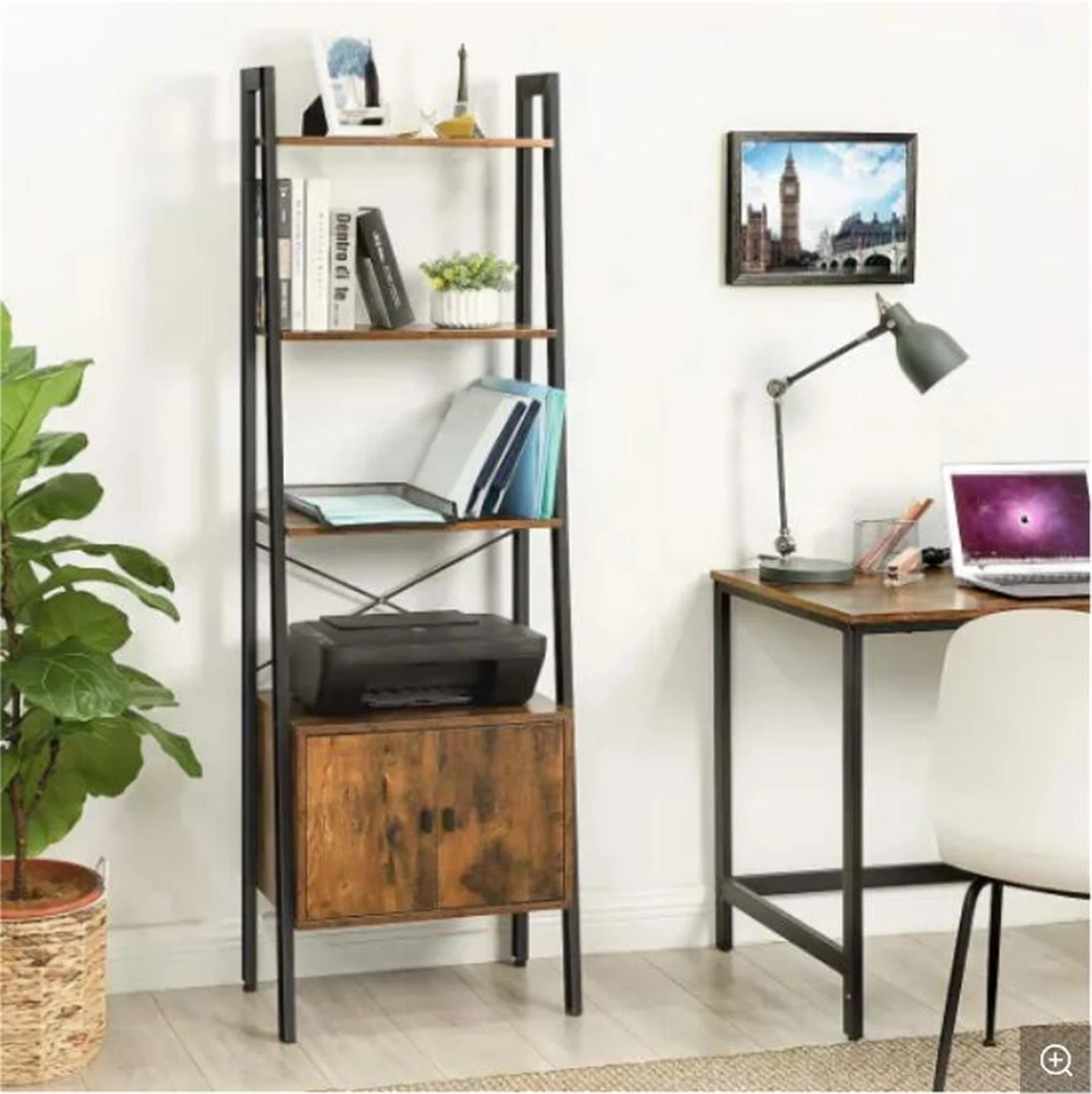 4 Shelves Sturdy Iron Frame Bedroom Office Industrial Design Bookcase with Cupboard