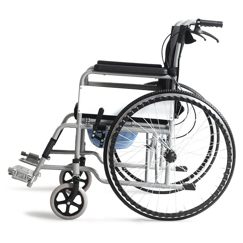 Portable Household Health Nursing Steel Frame Powder Coating Manual Commode Function Wheelchair with Handbrake