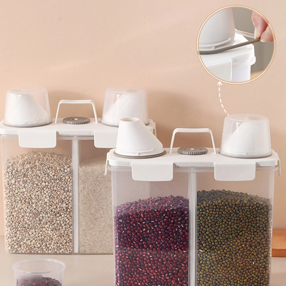 Kitchen Plastic Grain Rice Container for Cereals Dry Food Storage Box with Measuring Cup and Hand