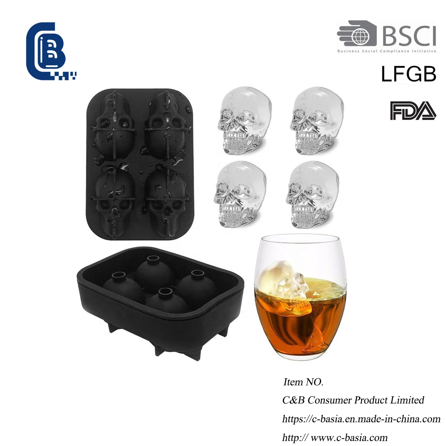 3D Skull Silicone Ice Cube Mold Tray Make Skulls Round Ice Cube Maker with Good Quality