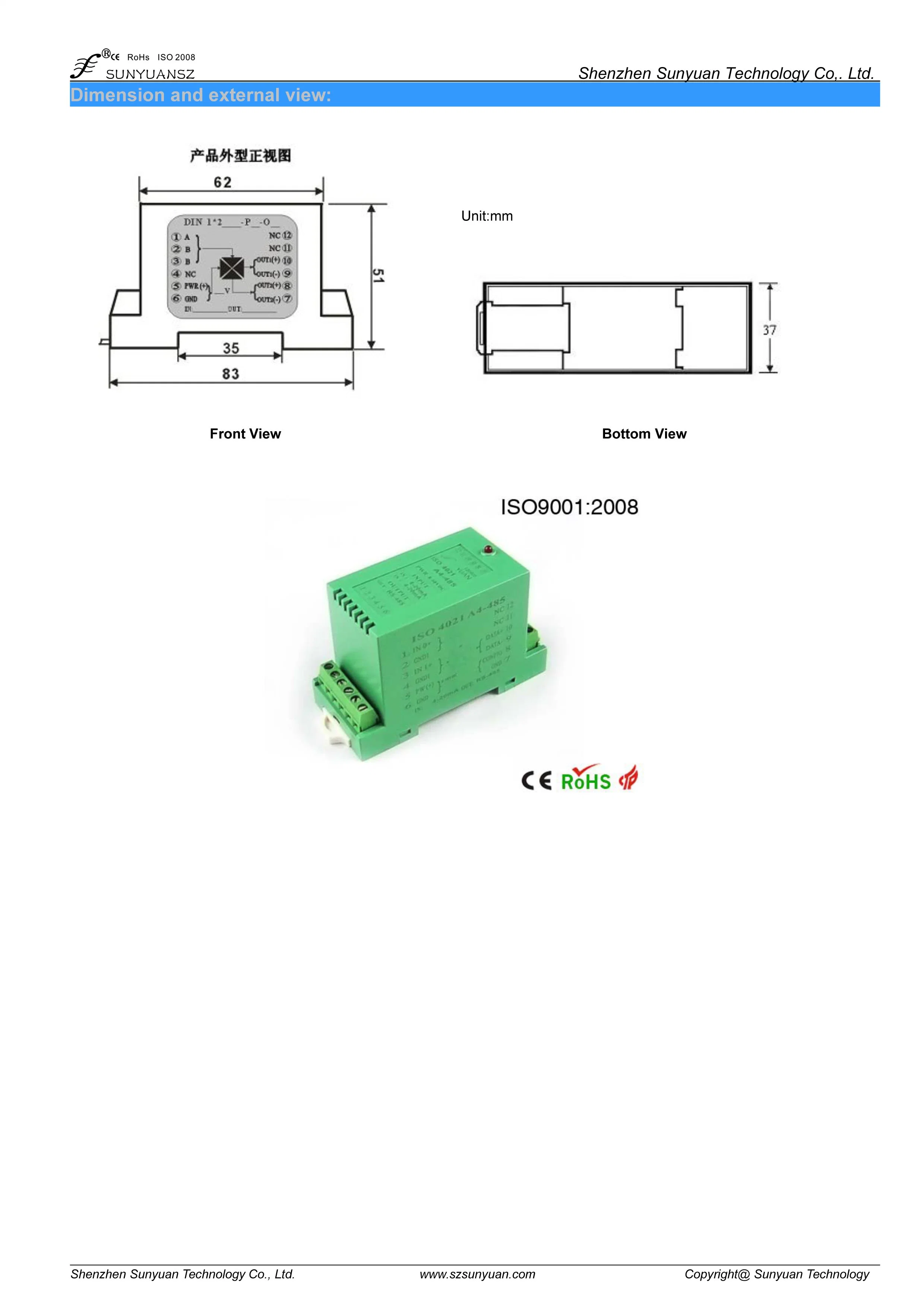 Rail-Mounted Rtd PT100/PT10/Cu100/Cu50 to Current/Voltage Isolation Transmitter