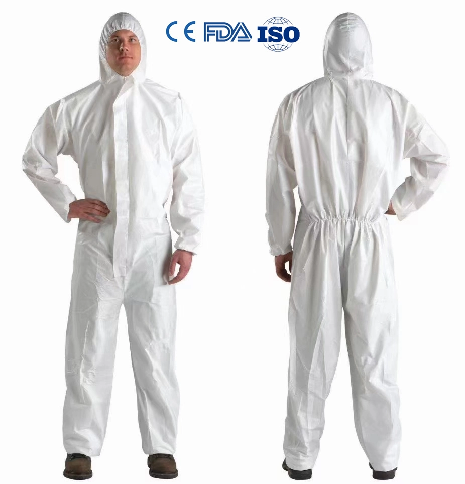 En13034 Factory Tyvek 400 Disposable SMS PP PE Protective Coverall 70g for Spraying Industry PPE Anti-Small Particles Washable Type 5 6 Isolation Suit Cat III