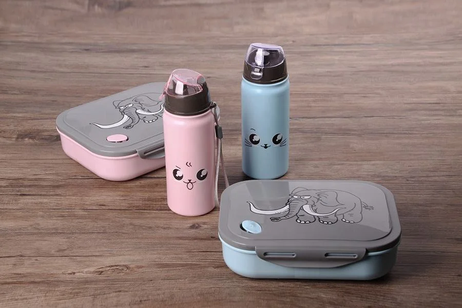 Kid Children Cartoon Design Plastic Bento Lunch Box with Water Bottle Set and Spoon Safe Plastic Food Container