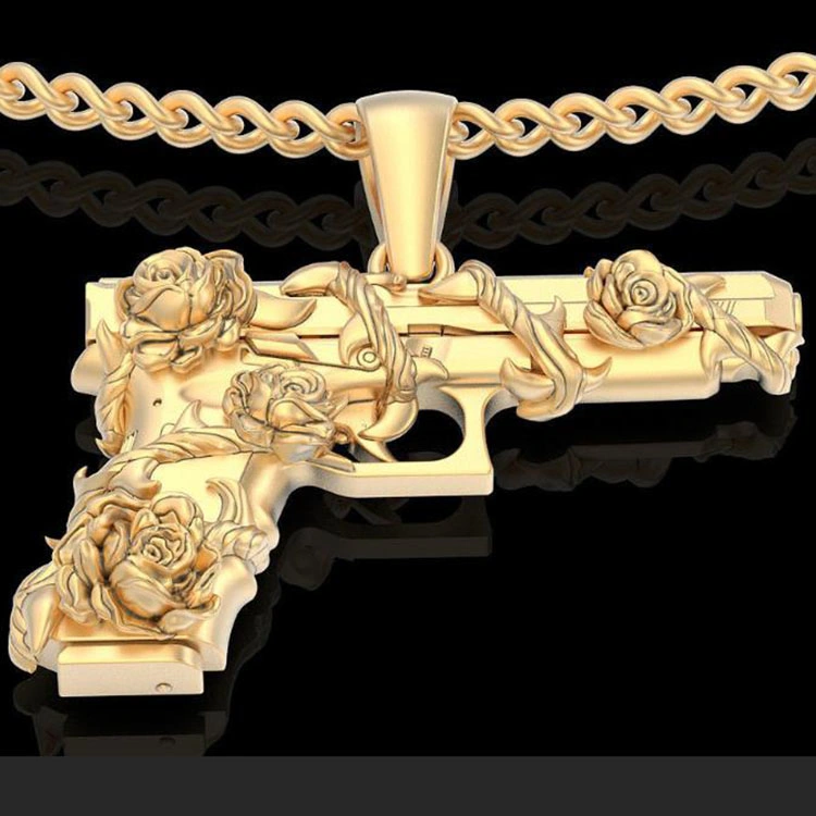 DiamondX 18k Gold Gunsmith Delicate Rose Pistol Pendant Chain Hiphop Man Gifts Pendant Chain