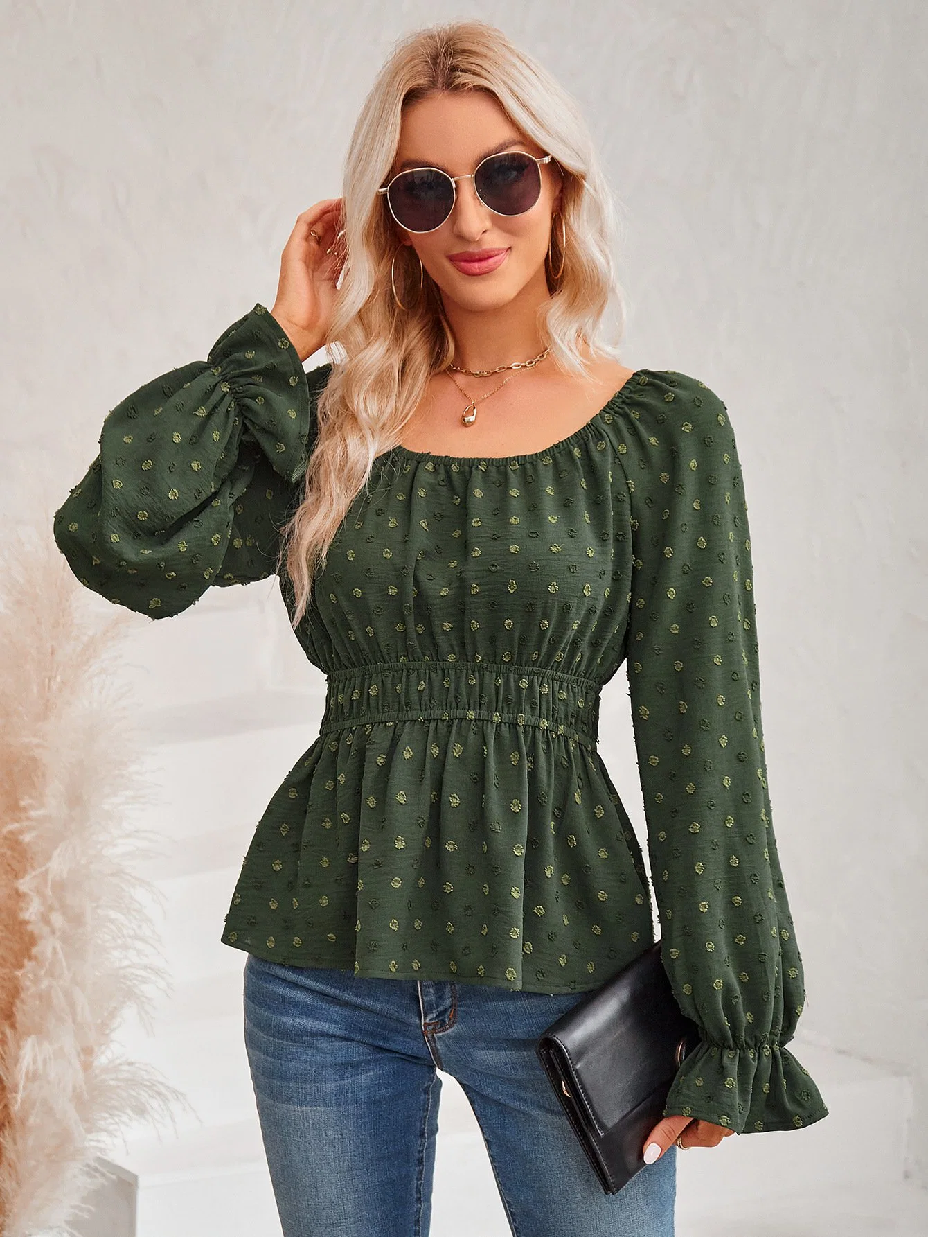 2023 New Casual Women's Round Neck Waist Solid Colour Ruffle Sleeve Top