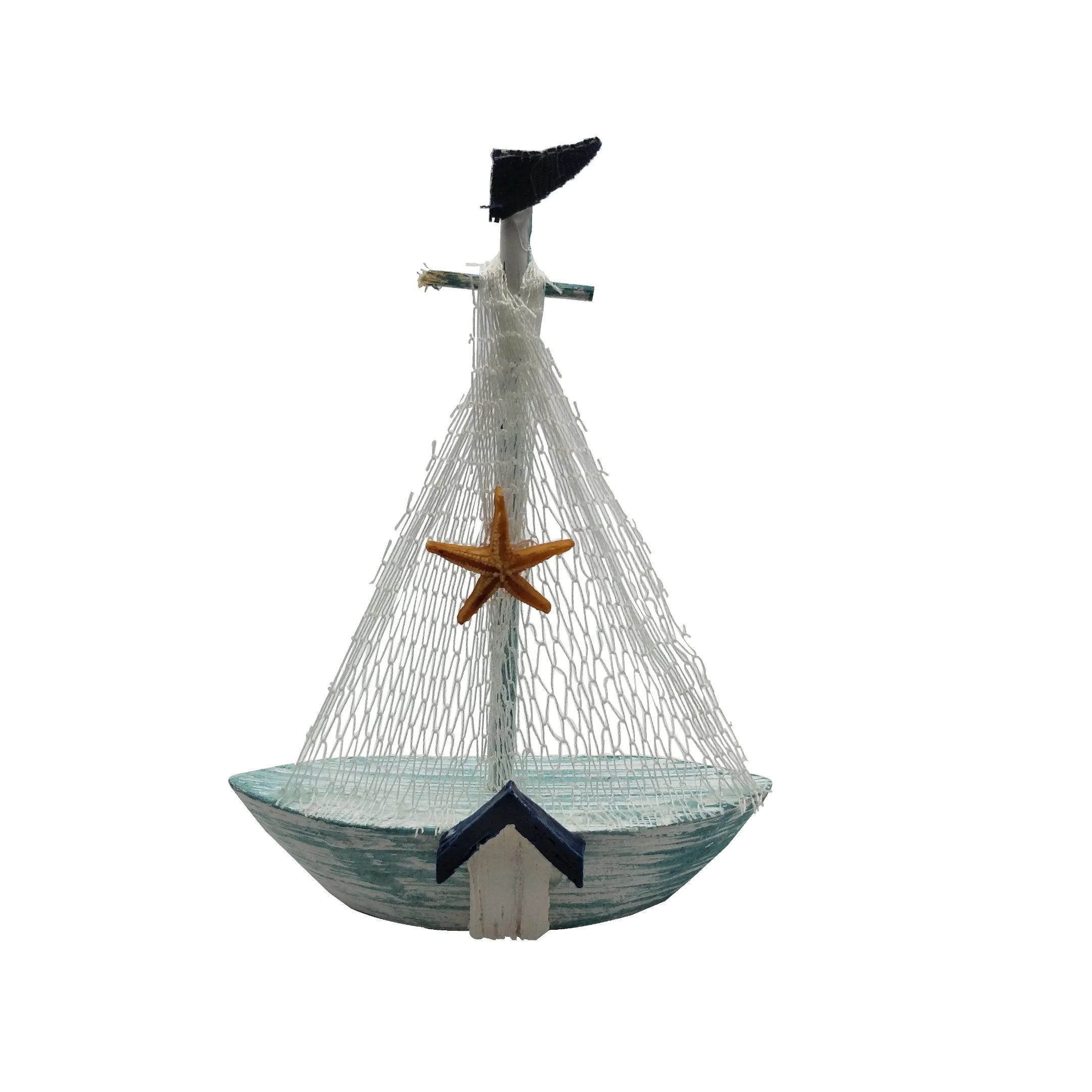Blue Wooden Sailboat with Fishing Net