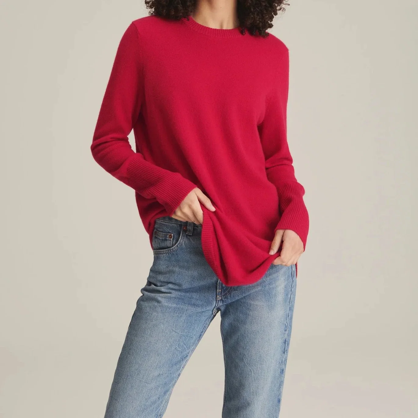 Pure Cashmere Knitted Ladies Fashion Crew Neck Curve Hem Sweater Apparel
