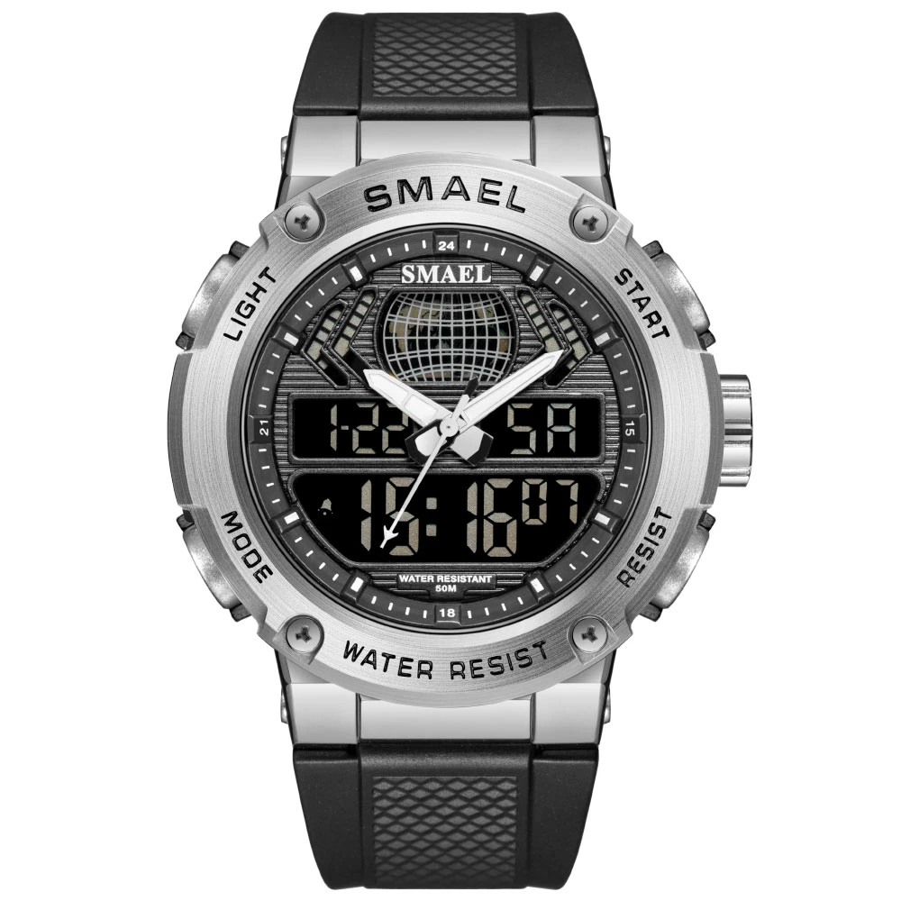 Silver Digital Fashion Male Wrist Watch Dual Time Military Style Watches Waterproof Sport Quartz Electronic Watch