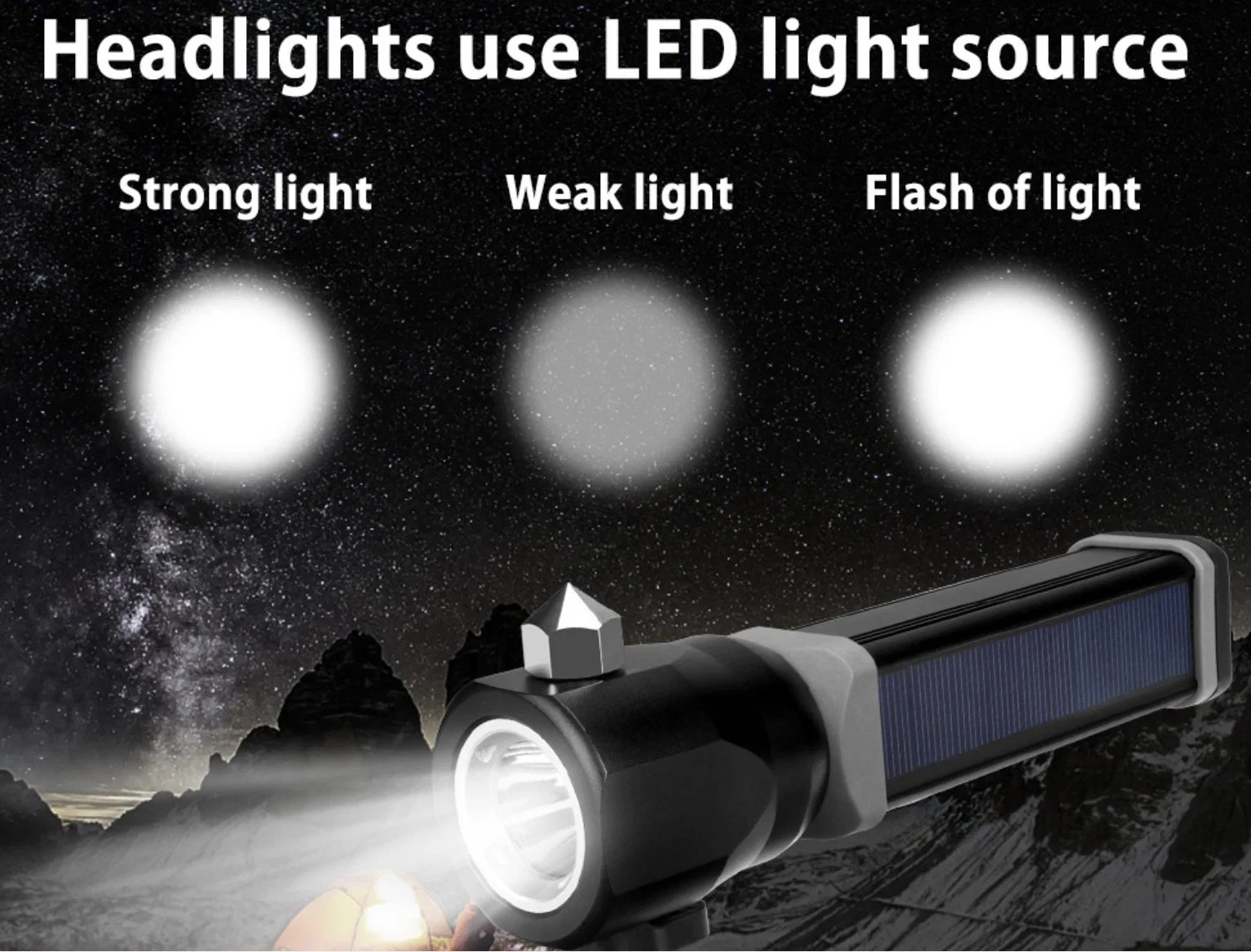 Rechargeable Battery USB Torch Light Multifunction Solar Flashlights Ultra Bright T6 Torch Lamp with Belt Cutter and Safety Hammer for Camping LED Flashlight