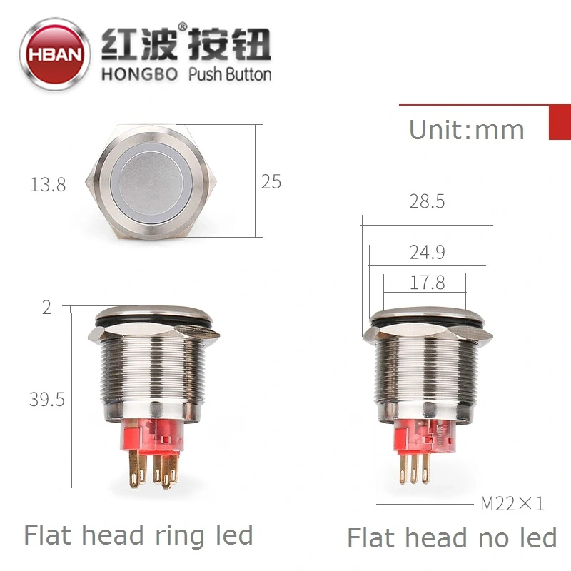 IP67 Pin Terminal Stainless Steel 2no2nc Momentary 22mm Push Button Switch on off