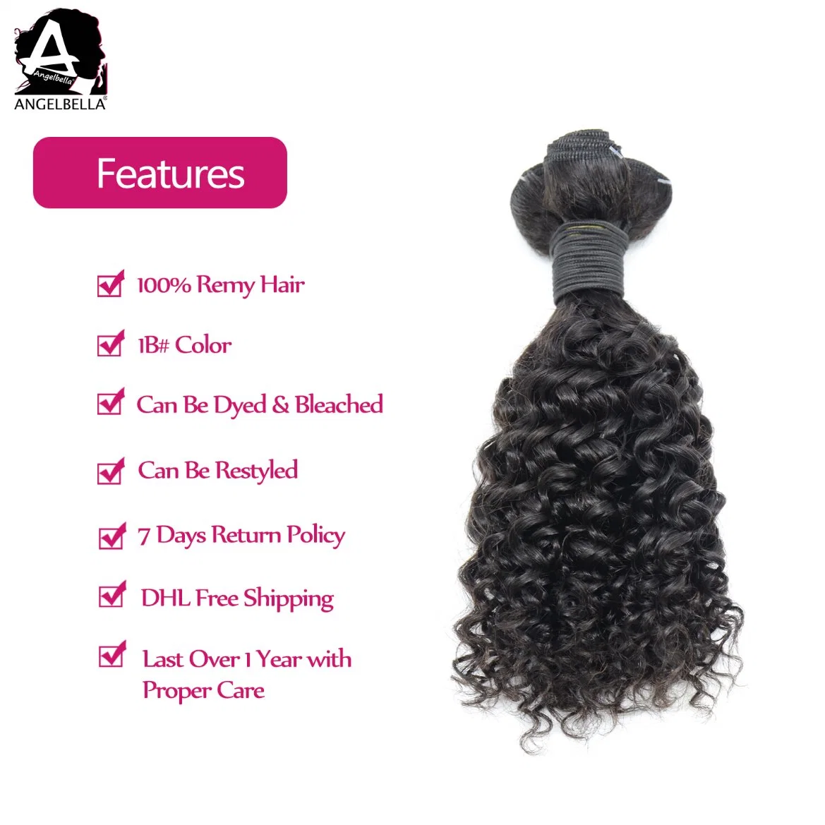 Angelbella 100% Natural Human Hair Product Big Pixie Curl 1b# Remy Hair Weaving