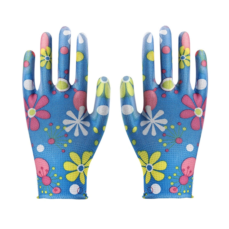 Colorful Printing Women Anti Slip Garden Industry Construction Safety Work Yard Nitrile Coated Gardening Gloves