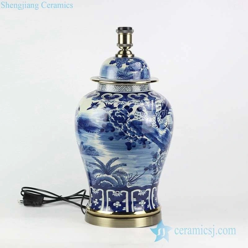 Cobalt Blue and White Porcelain Bird Floral Pattern Ceramic Reading Bedside Table Lamps