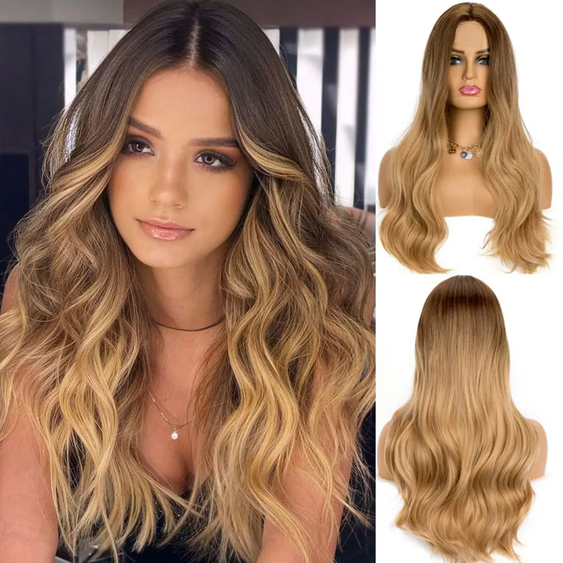 Encajes frente Wig Cully largo Wavy Synthetic encaje frontal Wig Natural mirar parte media Fibra de alta temperatura para mujeres