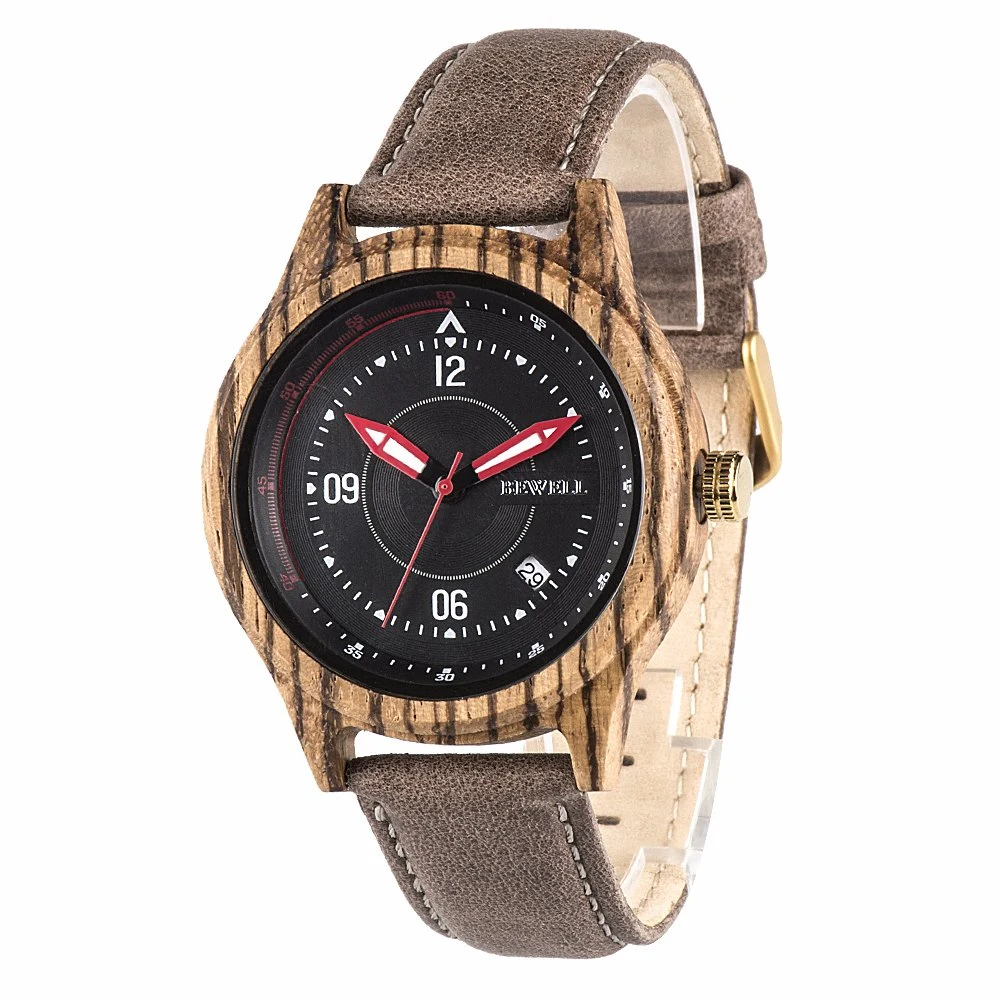 Fashion Design Genuine Leather Strap Quartz Wooden Watch