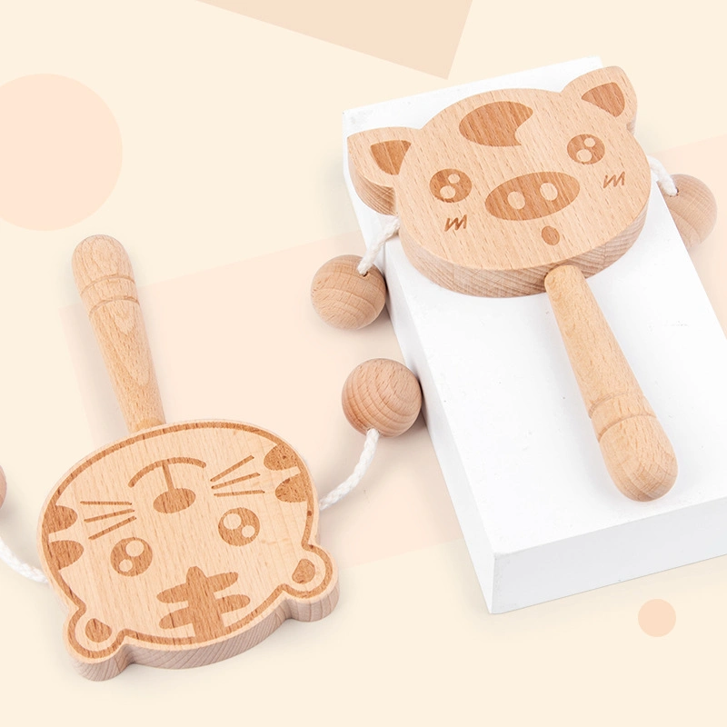 Double-Sided Animal Shape Solid Wood Cartoon Rattle