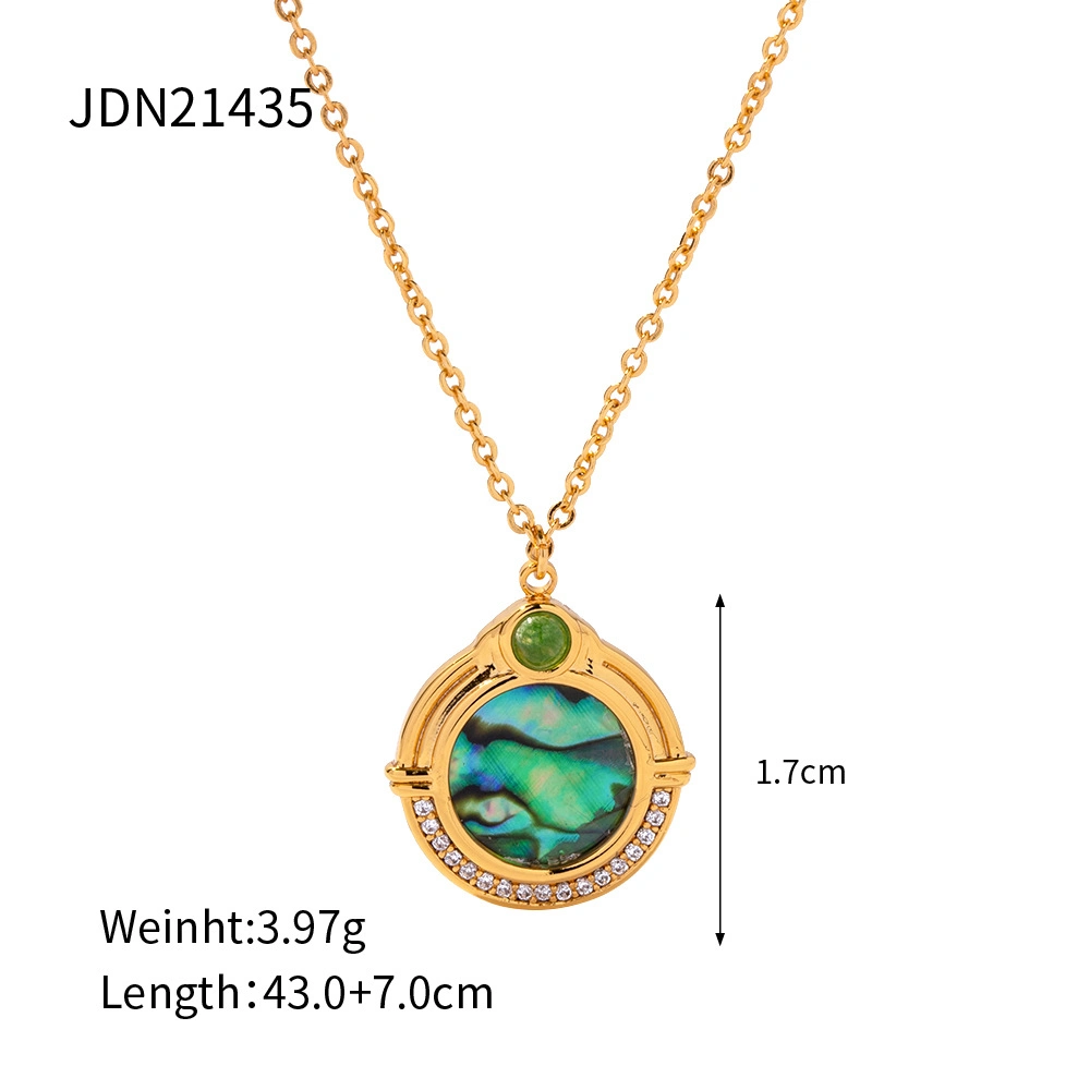 Fashion Gold Plated Brass Round Green Agate Abalone Coin Pendant Freshwater Pearls Chain Necklace and Bracelet Jewelry Set