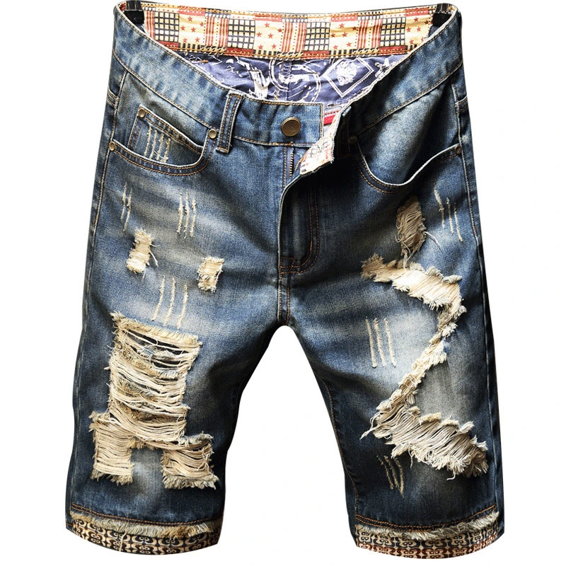 Nuevo estilo retro Ripped Jeans recto corto hombres Slim cortos