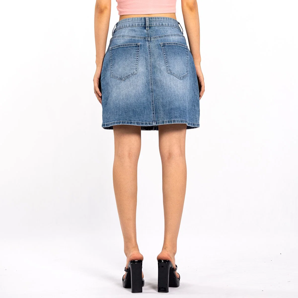 Blue Washed Rhinestone Design Button Down Fashion Denim Summer Skirt Women