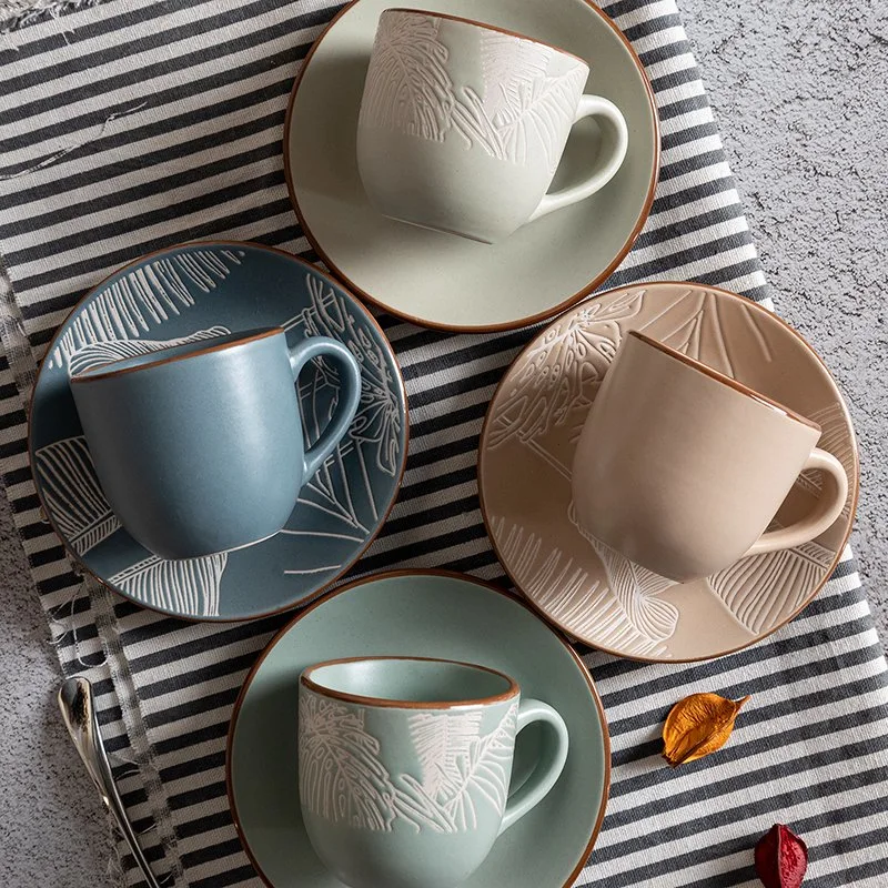 Light Green Stoneware Coffee Cup and Saucer Set with Underglaze Pad Printing with Brown Rim