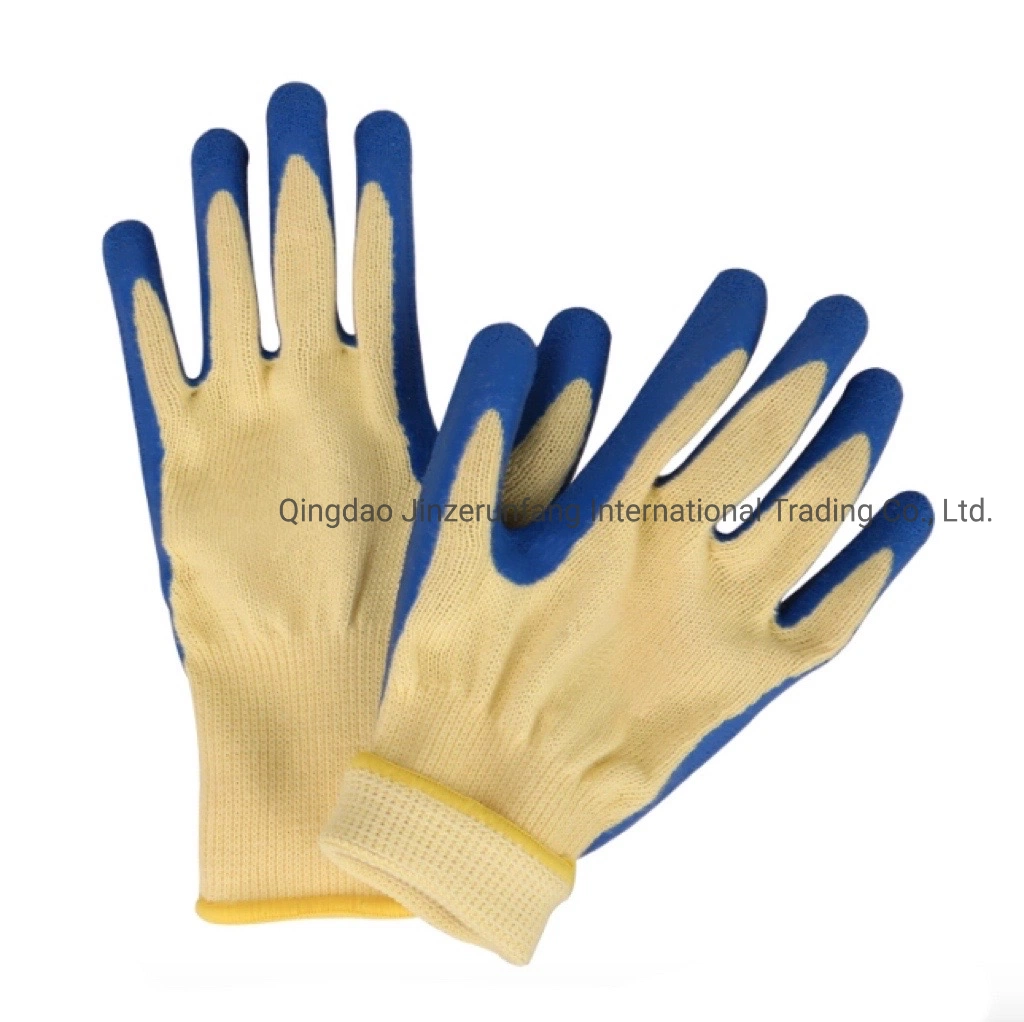 En388 Blue Latex Wrinkled Coated Yellow Polyester Safety Work Construction Gloves