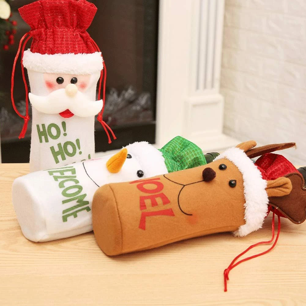 Bottle Bags Christmas Wine Reusable Decorations Santa Reindeer Snowman Bottle Covers with Drawstring