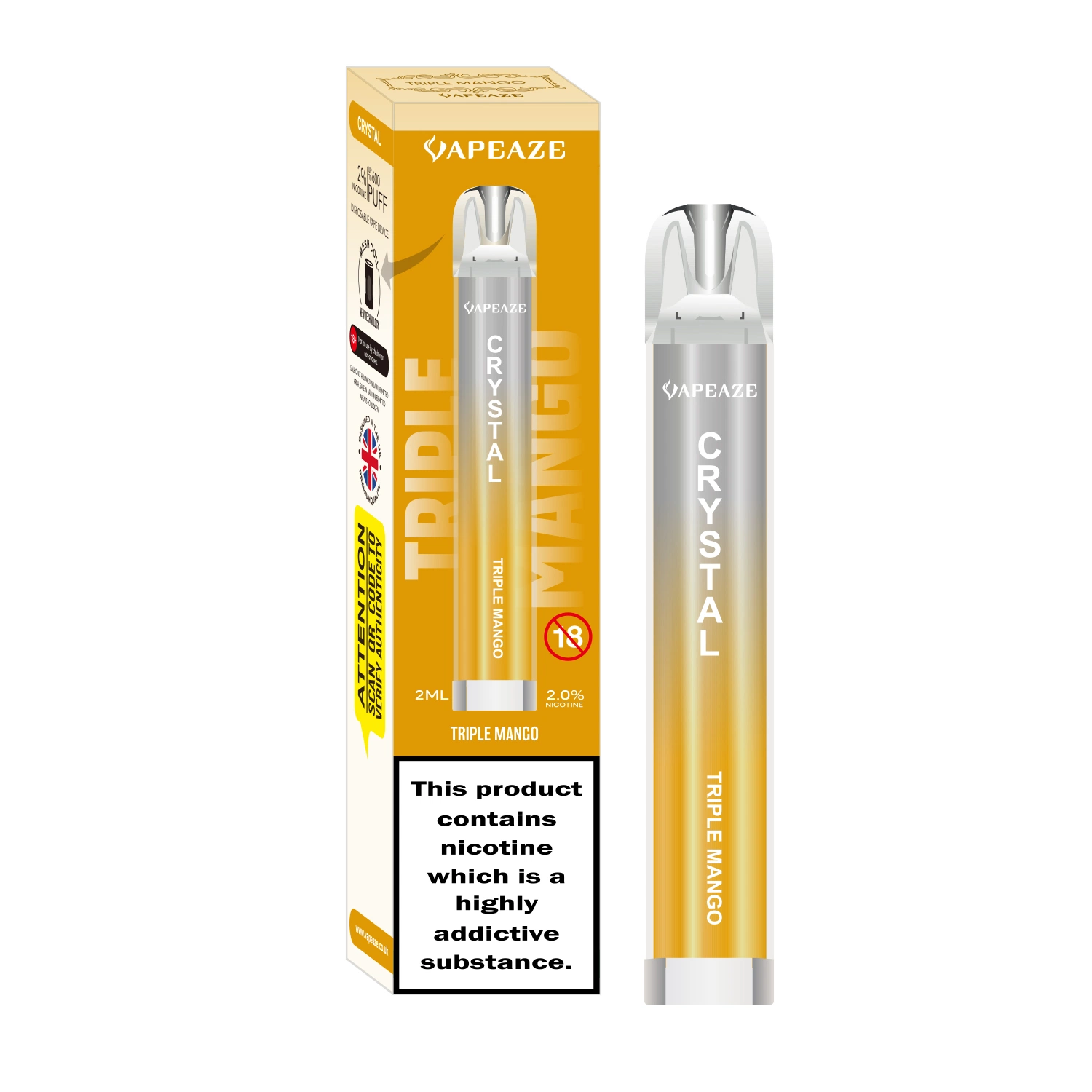 UK Tpd Vapeaze Wholesale Crystal Vape Pen 0% 2% Nicotine 600 700 900 Puff Bar Electronic Cigarette