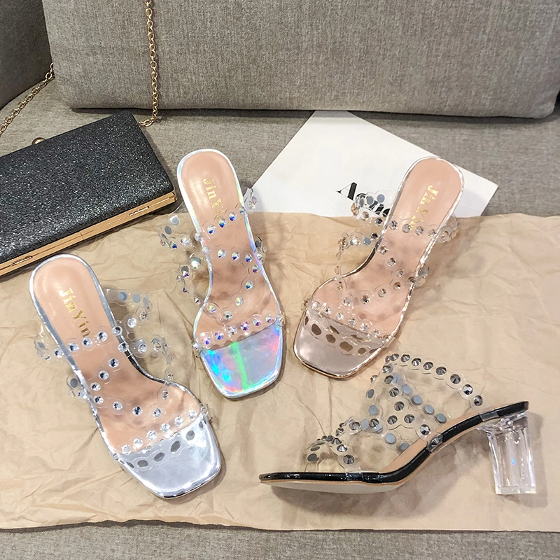 Europe and The United States New Nightclub Show Party Slipper Sandals Retro Crystal Shoes Thick Heel Transparent Fairy Lady Shoes Rhinestones