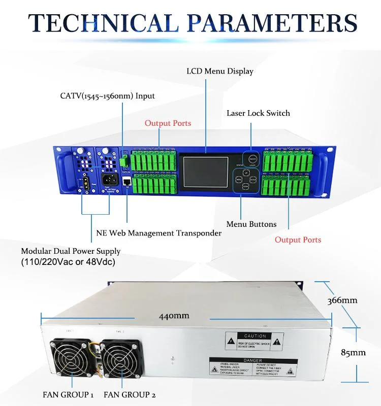 Amplificador de fibra óptica Fullwell 64 puertos 21dBm CATV EDFA