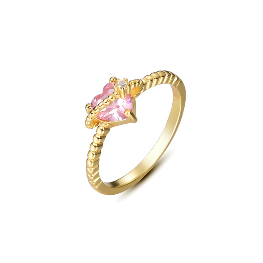 Joacii Factory 925 Sterling Silver Gold Plated Pink Zircon Heart Twist Texture Cubic Zirconia Love Finger Rings