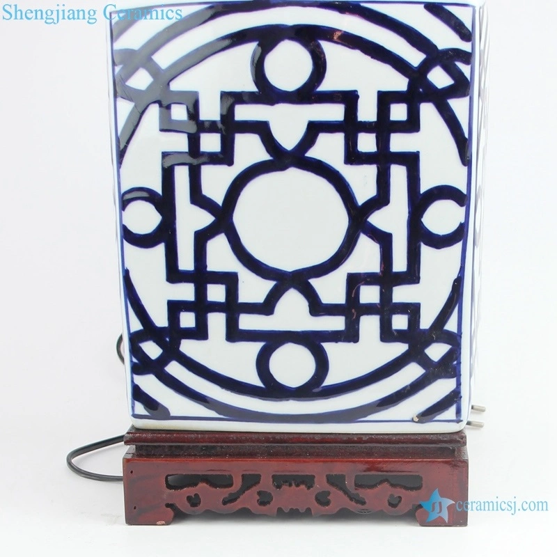 Blue and White Porcelain Square Copper Money Geometrical Motif Ceramic Table Lamp Bedside Reading Light