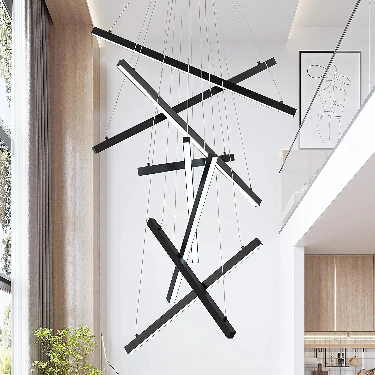 Modern Chandelier LED Linear Pendant Light Dimmable High Ceiling Hanging Lighting for Staircase