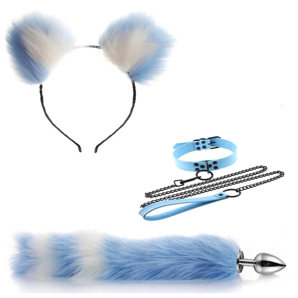 3PCS Blue White Cat Ears Headband Chain Collar Set Stainless Steel Fox Tail Anal Plug for Female