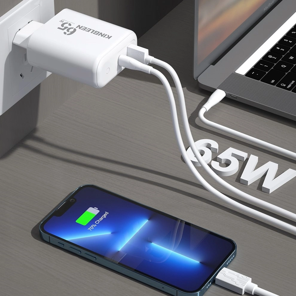 GAN 65W portátil/teléfono móvil/tablet Us-Plug Cargador 2-Port PD+QC 3,0 USB-C. Cargador