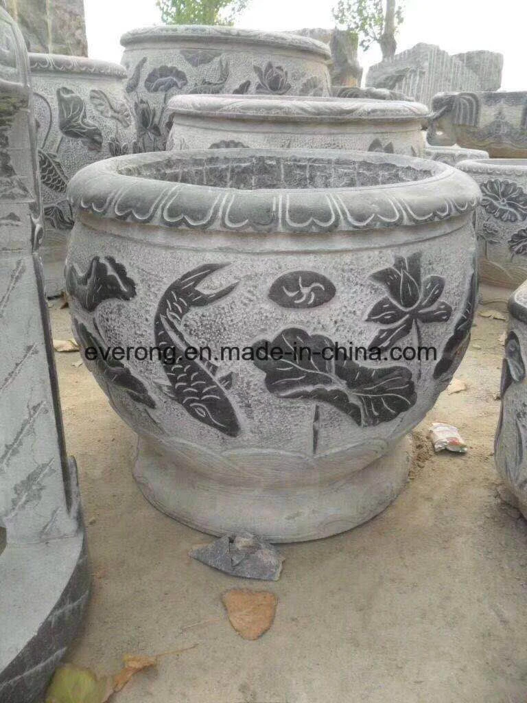 Dark Grey Granite /Basalt /Limestone Stone Flower Pot for Garden Ornament