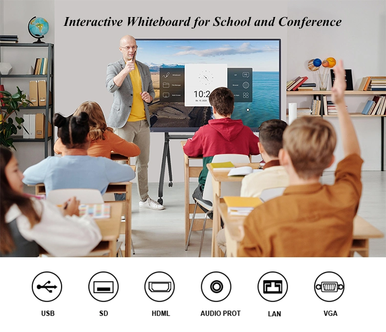 حامل لوحة ذكية 55 بوصة مع شاشة لمس تعمل باللمس بدقة 4K فائقة الوضوح للغاية لوحة معلومات تفاعلية للأعمال لمؤتمر المدرسة والفيديو