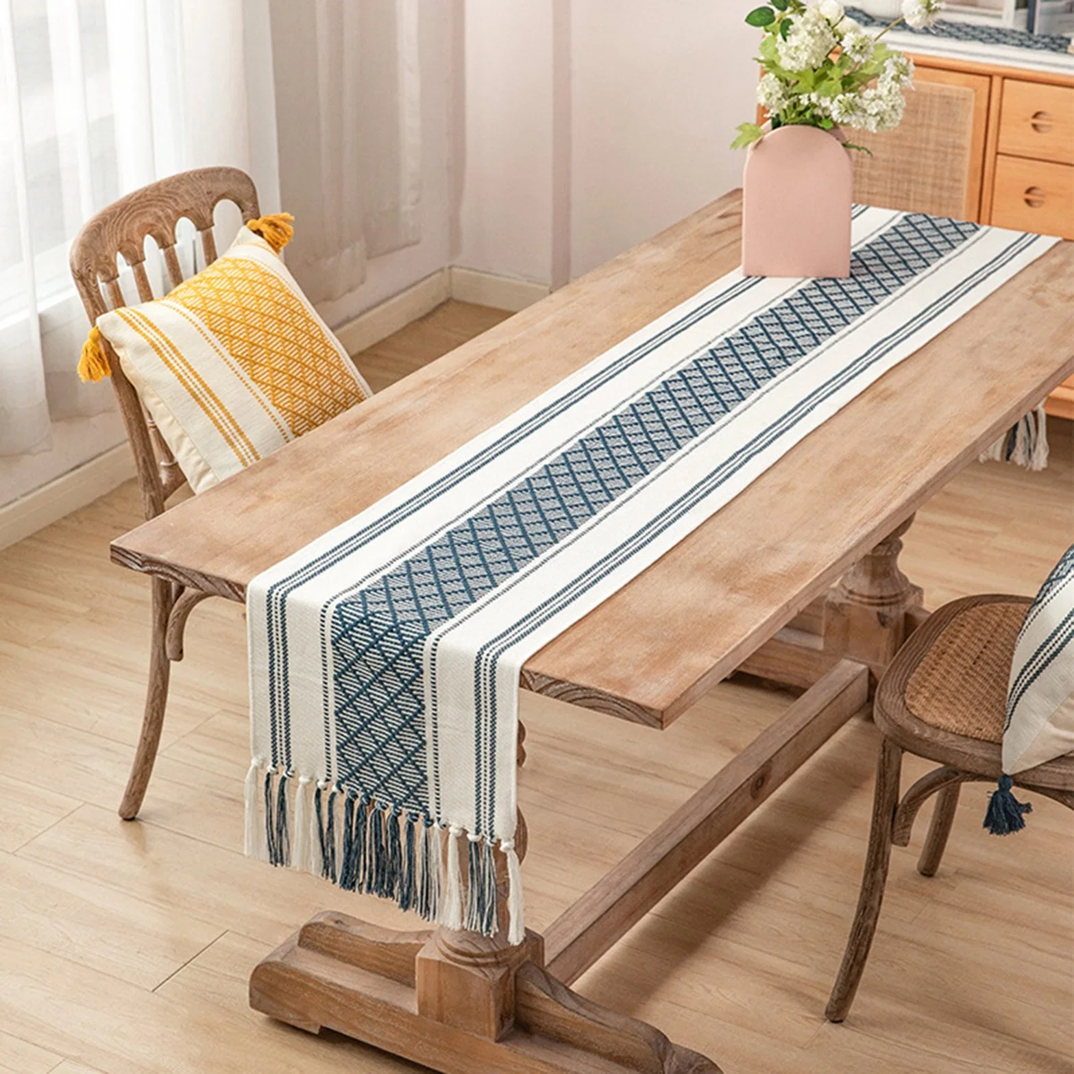 Boho Stripe Woven Table Cover, Table Runner with Tassels, Table Cloth for Dining Table