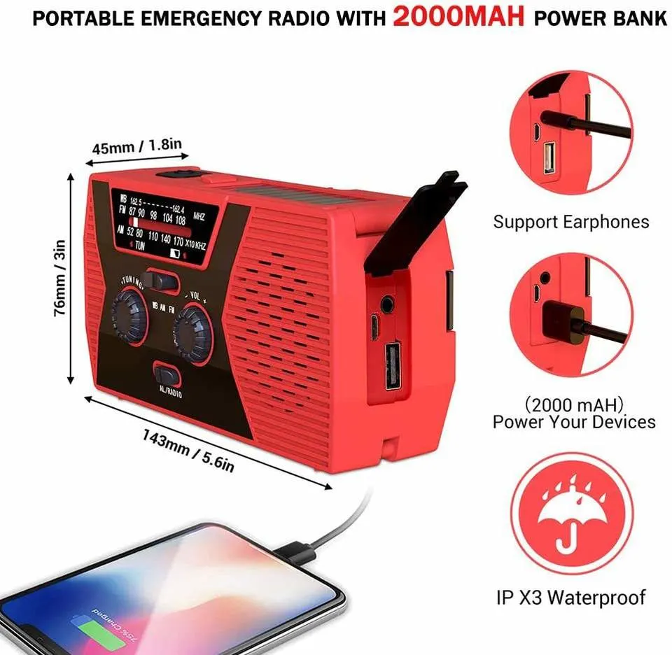 Solar Hand Crank Emergency Noaa Radio with Flashlight Reading Light and 2000mAh Power Bank Charger