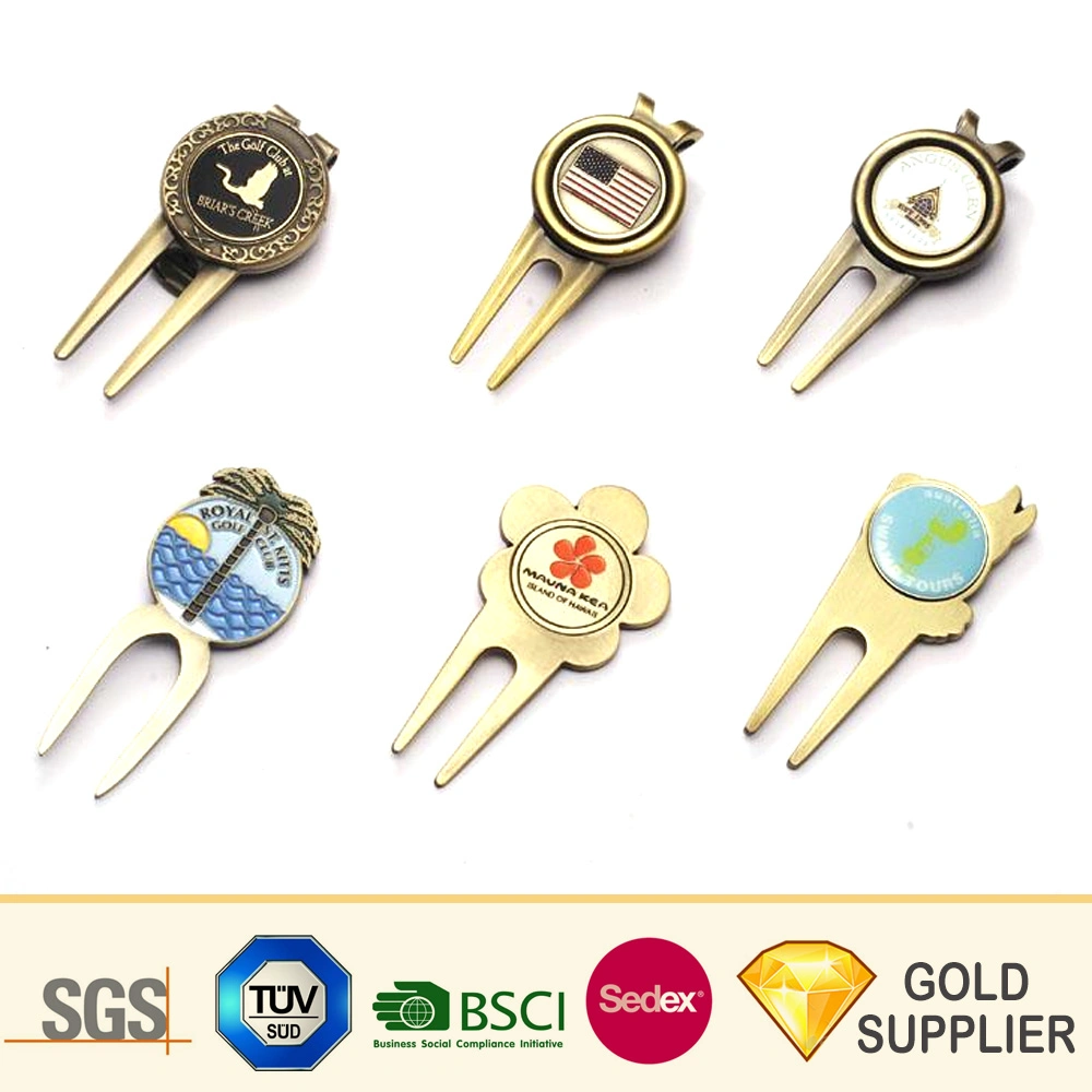 Custom Unique Logo Zinc Alloy Metal Copper Silver Gold Nickle Plating Soft Enamel Golf Fork Magnetic Golf Accessories Hat Clip Golf Ball Fork Set Divot Tool