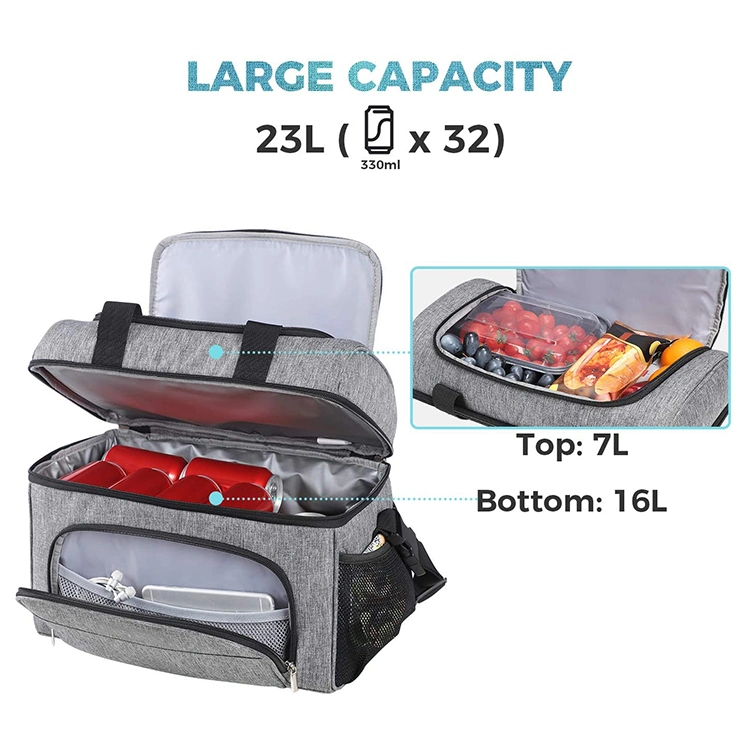 Collapsible Cooler Bag 32-Can Insulated Leakproof Soft Cooler Portable Double Decker Cooler Tote for Trip Picnic Sports Flight Grey