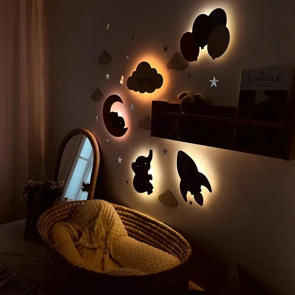 Wood Nursery Wall Decor Light Kids Room Wall Lamp Children's Room Decoration