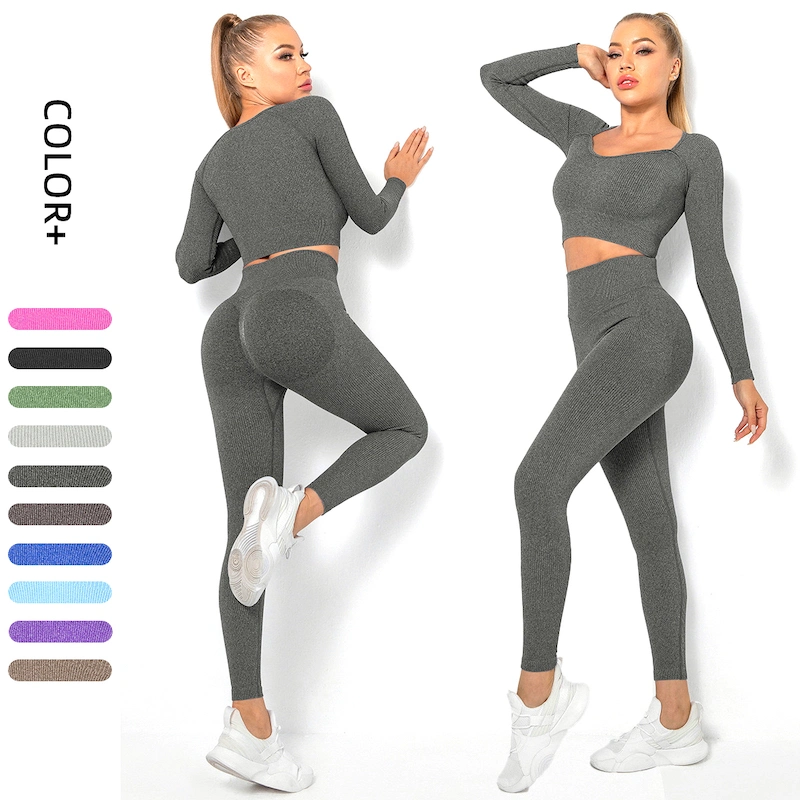 Tiktok New Hot Fall Winter Activewear Gym Clothes Fitness Apparel for Woman, Cute Long Sleeve Seamless Yoga Top + Workout Leggings Set Custom Ribbed Sport Suit